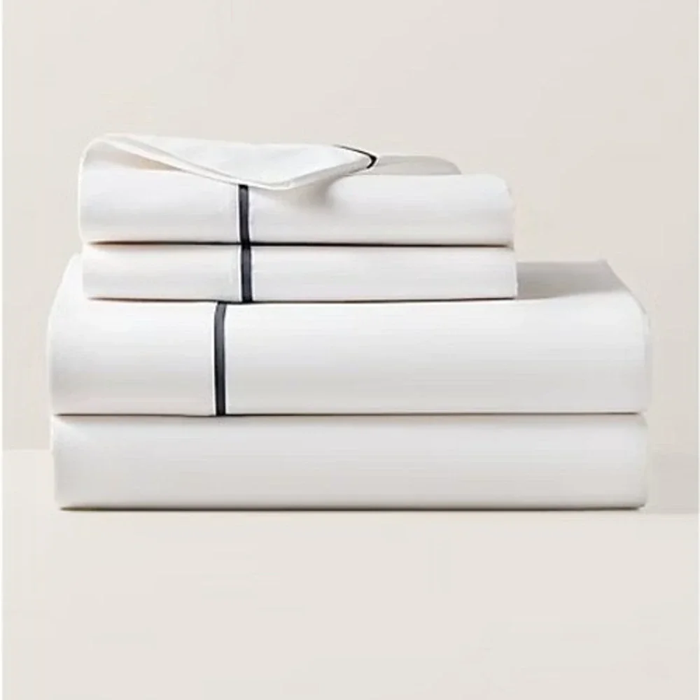 Ralph Lauren Percale‎ King Flat Sheet Loft Gray Trim Organic Cotton Neutral NEW